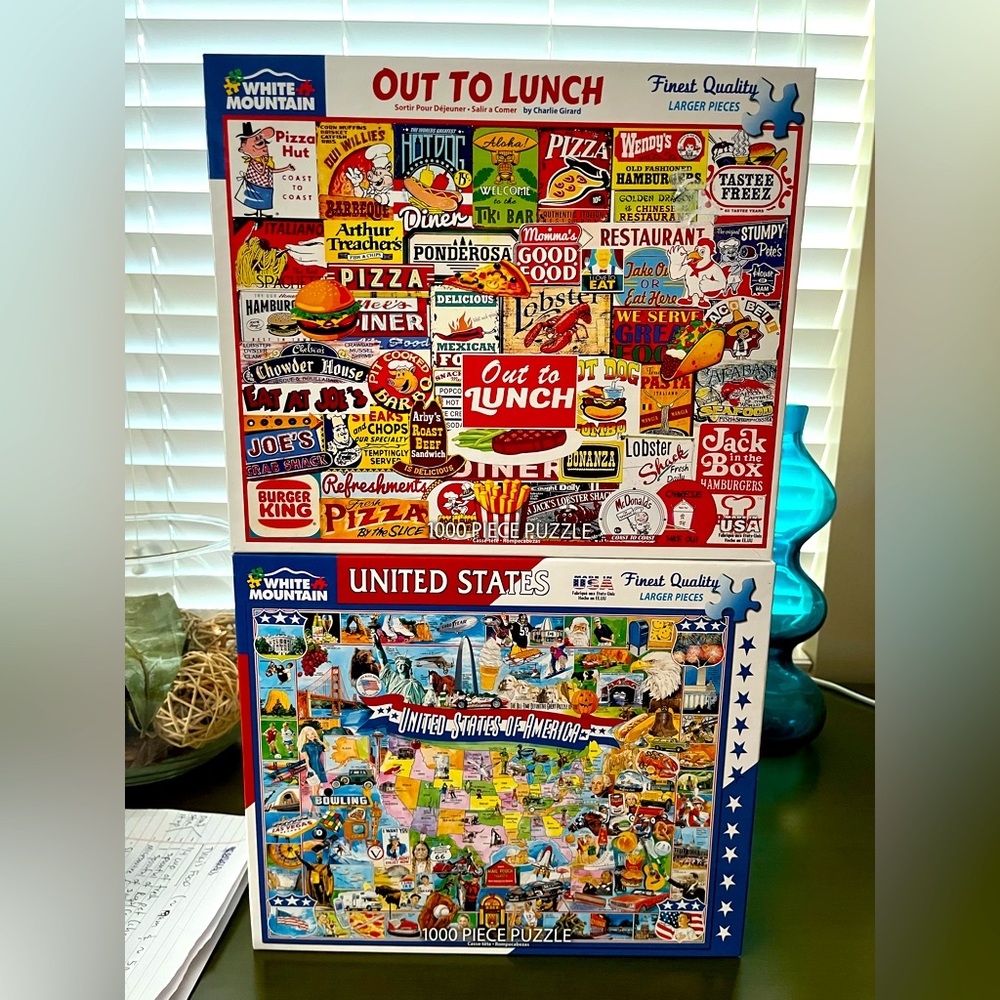 2 White Mountain Jigsaw Puzzles - Out To Lunch & United States